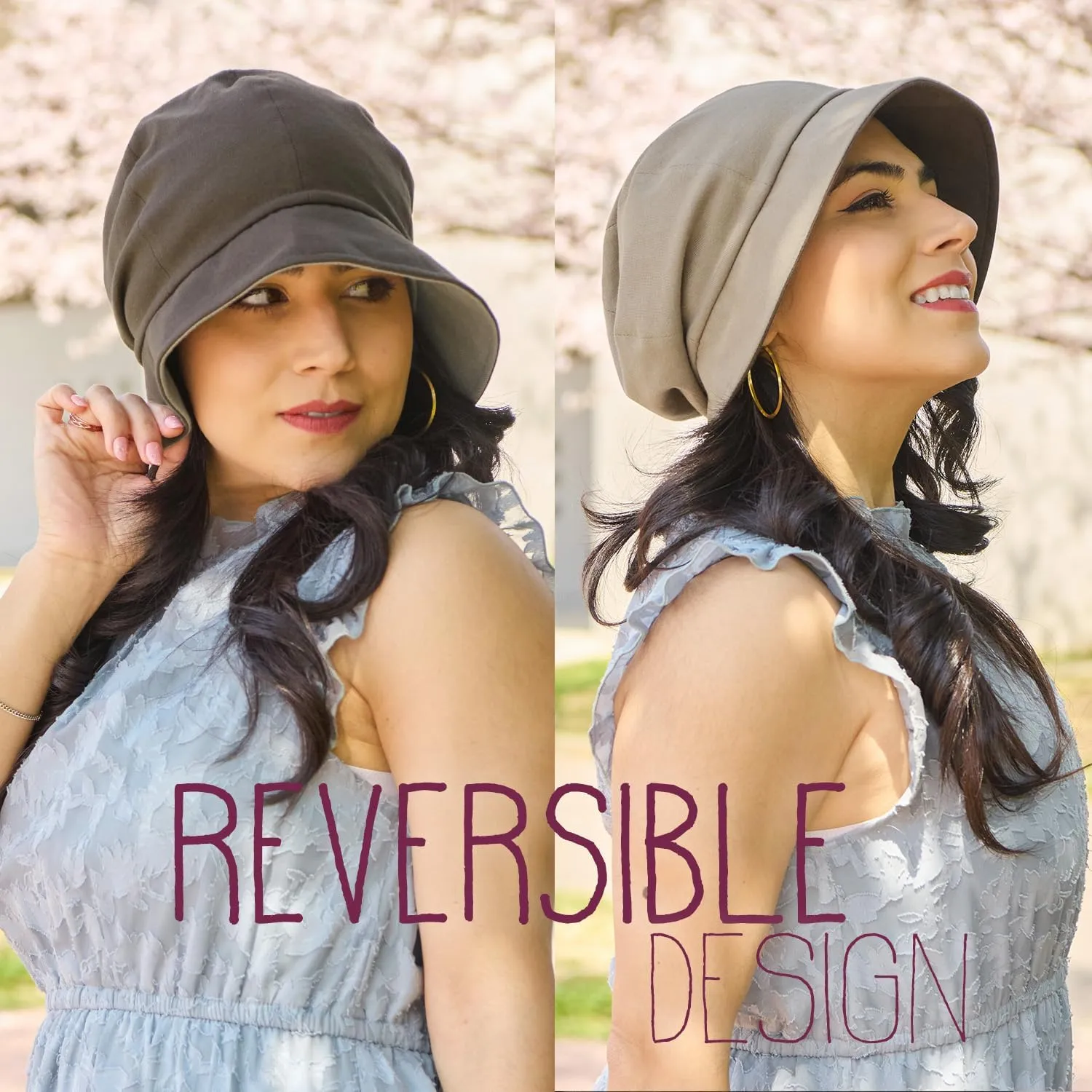 CHARM Women Cotton Sun Hat - Organic Summer Bucket Reversible Chemo Cap Foldable