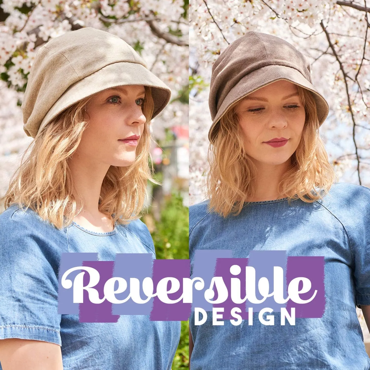 CHARM Women Cotton Sun Hat - Organic Summer Bucket Reversible Chemo Cap Foldable