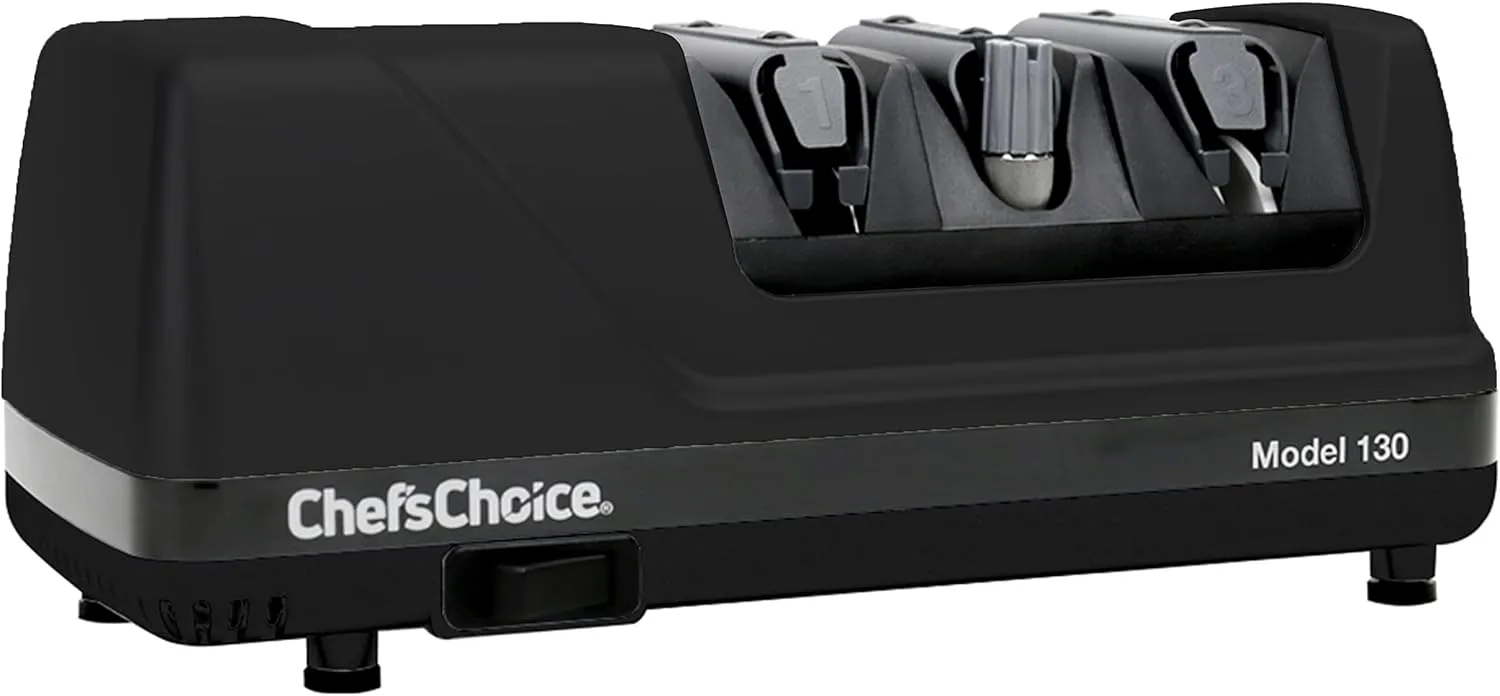 Chef’sChoice 130 Professional Electric Knife Sharpening Station for Straight and Serrated Knives and Uses Diamond Abrasives Made in USA, 3-Stage, Black