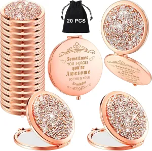 Cindeer 20 Pcs Small Compact Mirror Folding Pocket Makeup Round Hand Held Cosmetic Magnifying Compact Rhinestone Mirror with 1X/2X Magnification for Women Girls Travel (Gold Style)