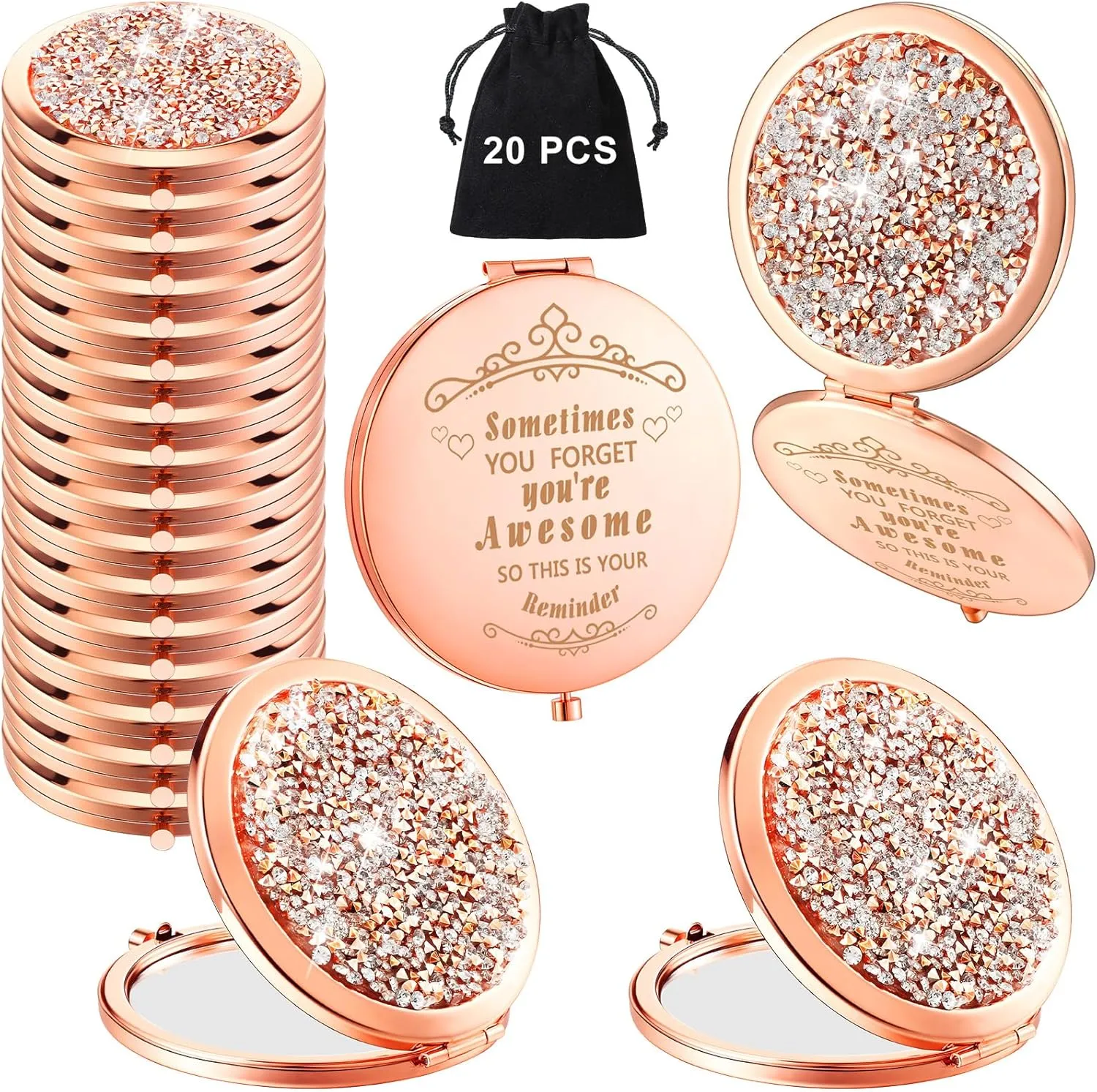 Cindeer 20 Pcs Small Compact Mirror Folding Pocket Makeup Round Hand Held Cosmetic Magnifying Compact Rhinestone Mirror with 1X/2X Magnification for Women Girls Travel (Gold Style)