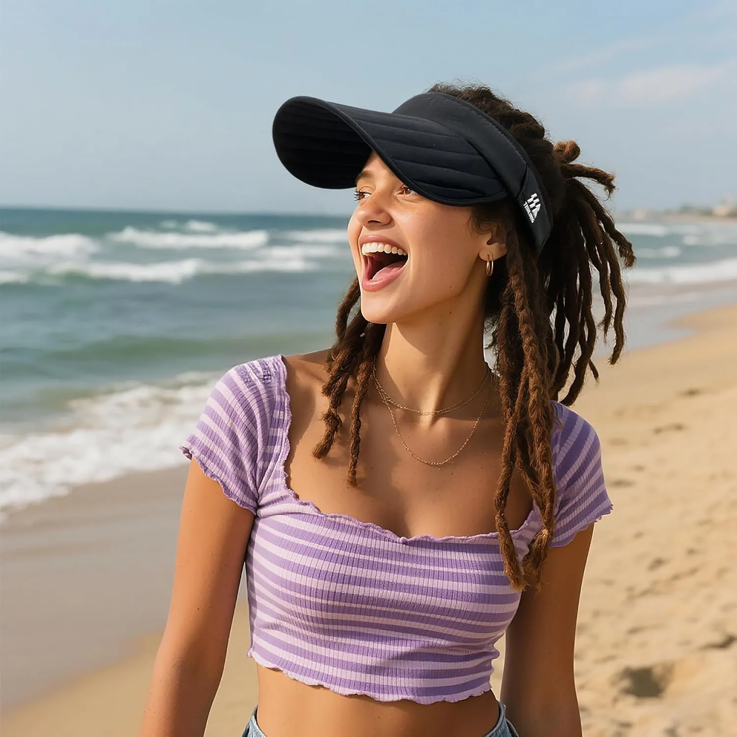 CLAPE Sun Visors for Women, UPF 50  Waterproof Foldable Wide Brim Womens Beach Hats with Windproof Strap & Sunglasses Holder