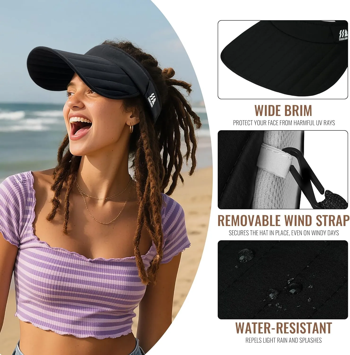 CLAPE Sun Visors for Women, UPF 50  Waterproof Foldable Wide Brim Womens Beach Hats with Windproof Strap & Sunglasses Holder