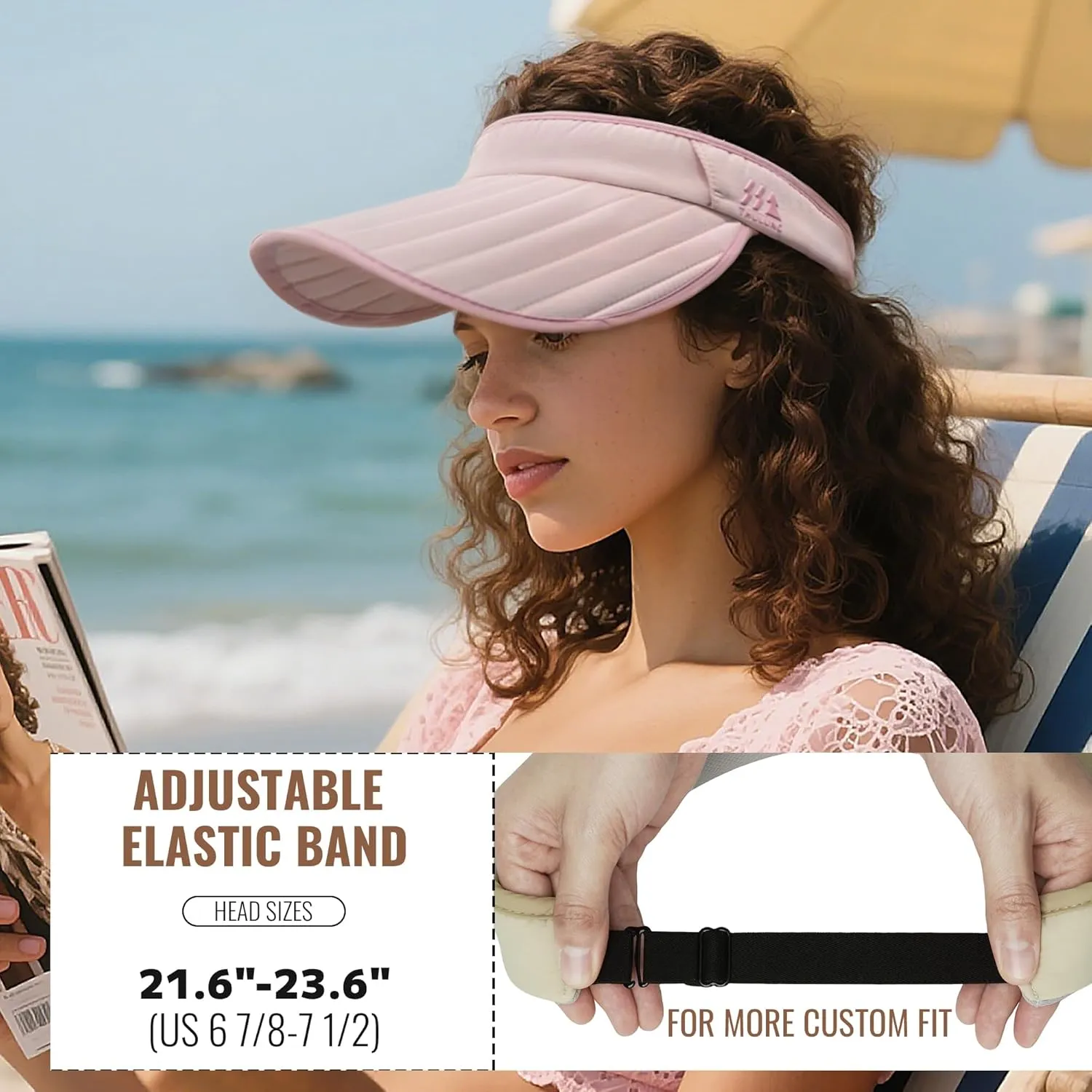 CLAPE Sun Visors for Women, UPF 50  Waterproof Foldable Wide Brim Womens Beach Hats with Windproof Strap & Sunglasses Holder