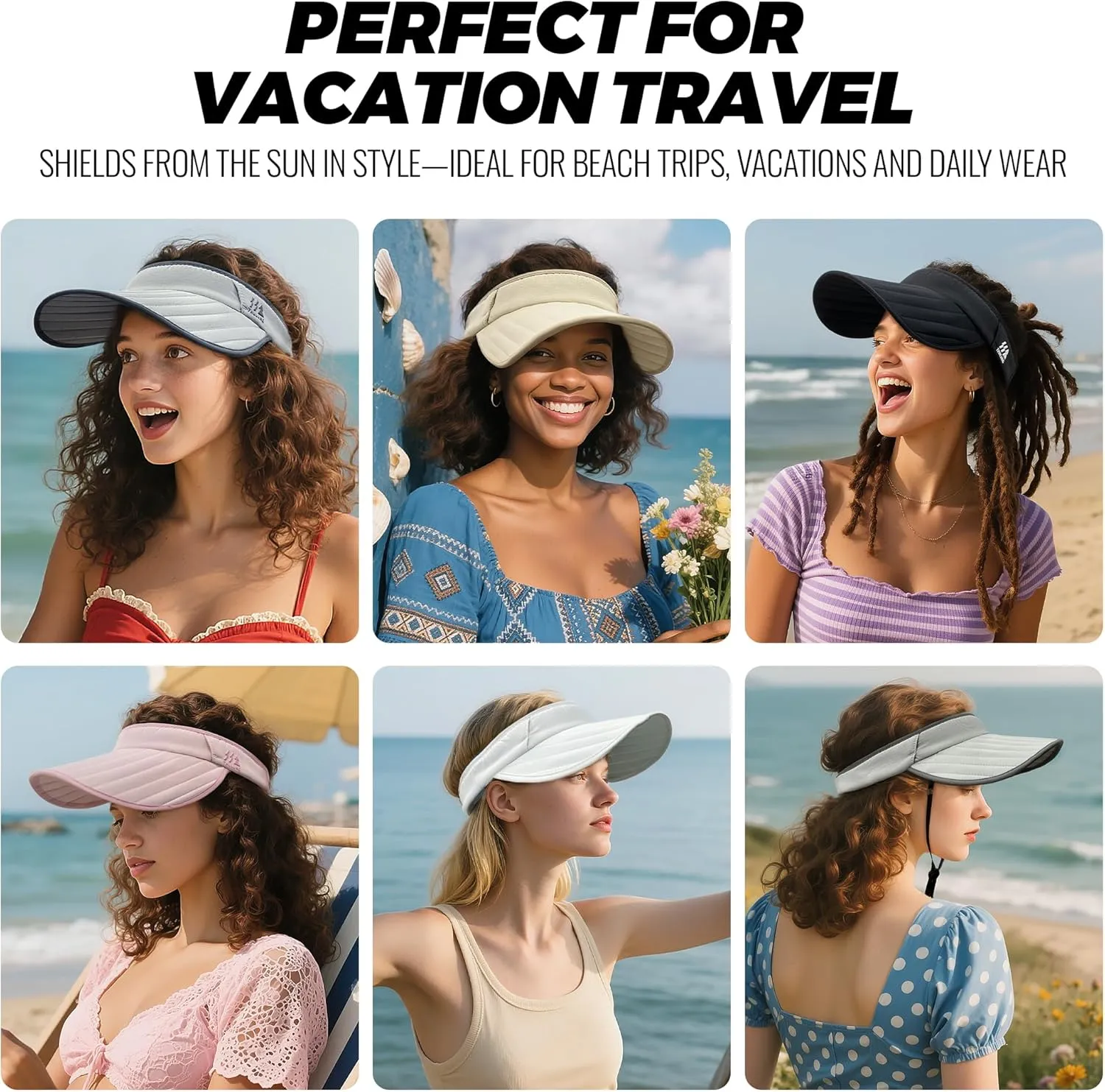 CLAPE Sun Visors for Women, UPF 50  Waterproof Foldable Wide Brim Womens Beach Hats with Windproof Strap & Sunglasses Holder