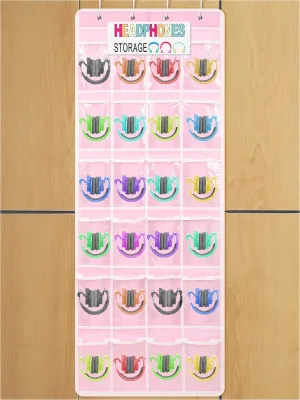 Classroom Pocket Chart for Headphone over The Door Hanging Headphone Storage Bag 24 PVC Clear Organizer Holder Pockets with 4 Hooks for School Cell Phones Calculators