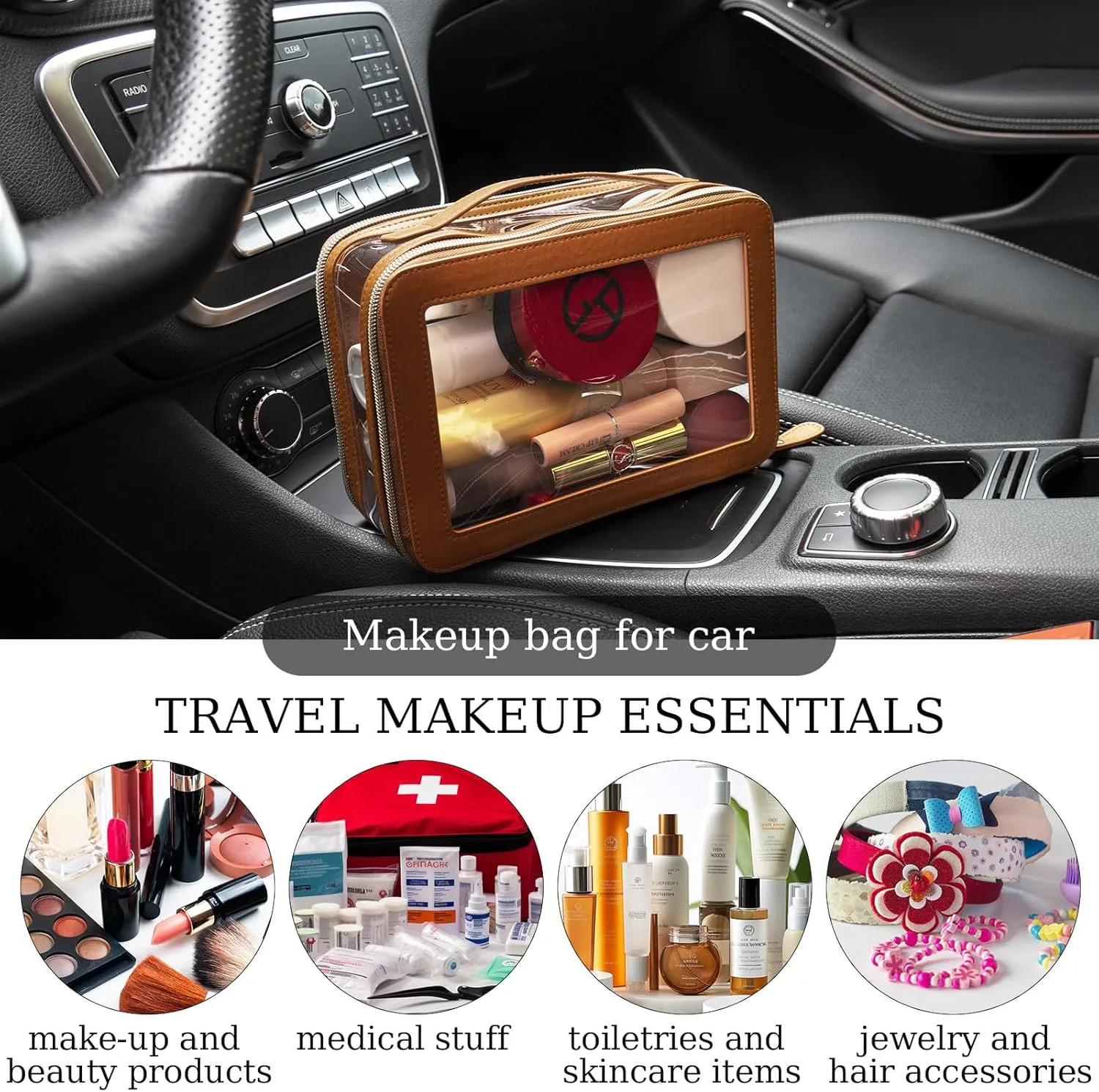 Clear Makeup Bag Double Layer Two Sided With Zipper Brown Square Cosmetic Large Make Up Case Compartments Brush Travel Leather Toiletry Women Organizer Transparent Waterproof Pouch
