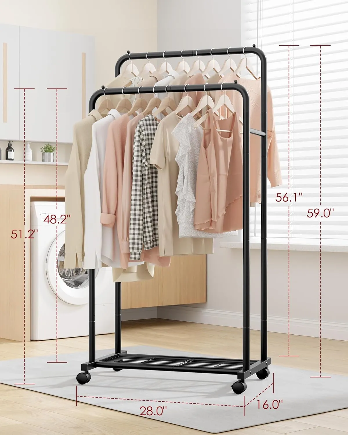Clothes Rack - Clothing Rack with Storage Mesh Shelf & Casters, Heavy-Duty Metal Clothing Rack for Hanging Clothes, Dresses, Coats, Large Load Capacity, Easy Assembly, Black, 28.0"x16.0"x59.0"