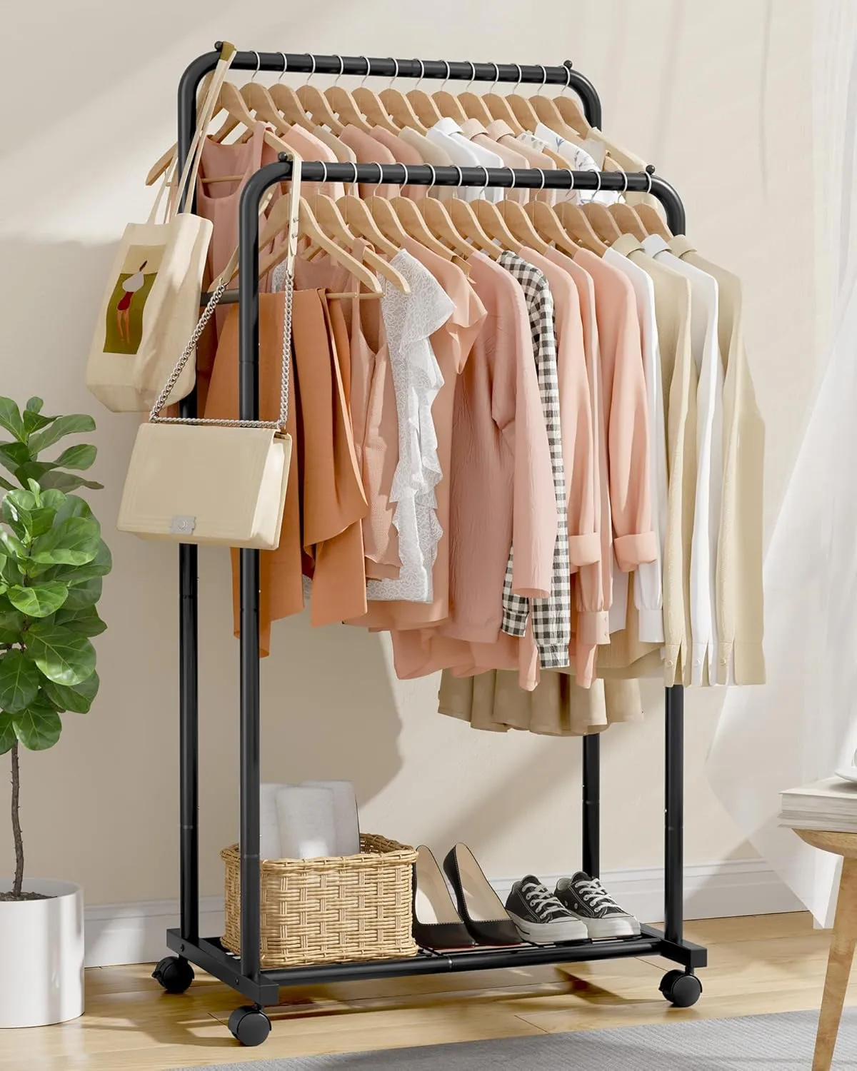 Clothes Rack - Clothing Rack with Storage Mesh Shelf & Casters, Heavy-Duty Metal Clothing Rack for Hanging Clothes, Dresses, Coats, Large Load Capacity, Easy Assembly, Black, 28.0"x16.0"x59.0"