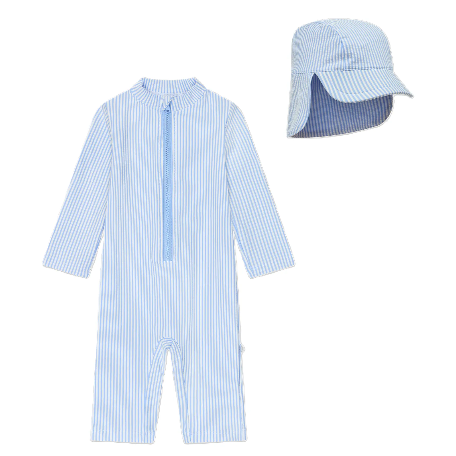 Cloud Stripe Seersucker Sunsafe Swimsuit & Hat