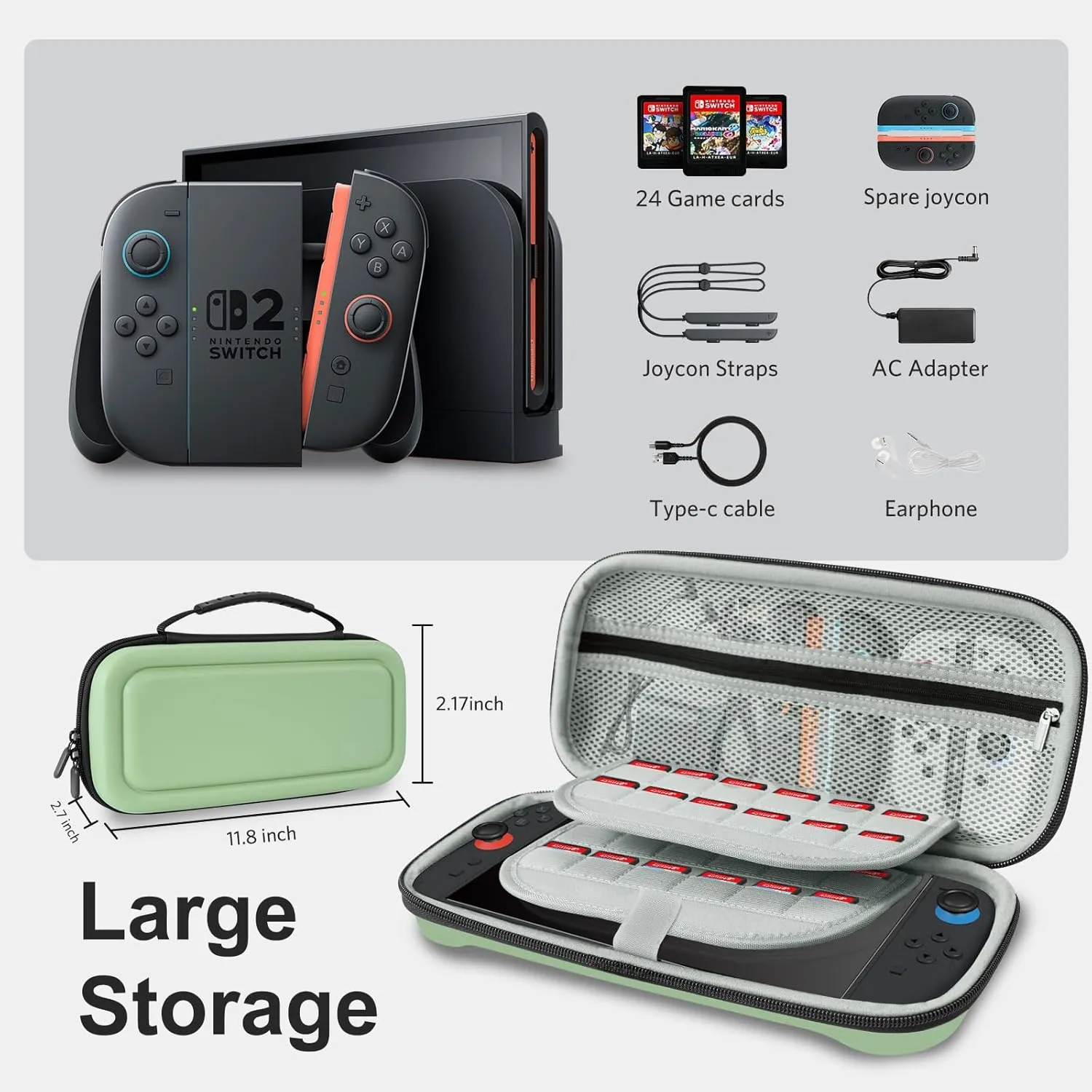 CoBak Large Capacity Carrying Case for Nintendo Switch 2 ( 2025 ) , Ultra Slim Premium EVA Travel Pouch with 24 Game Cartridges, Screen Protective Cover, Accessories Storage Bag, Matcha