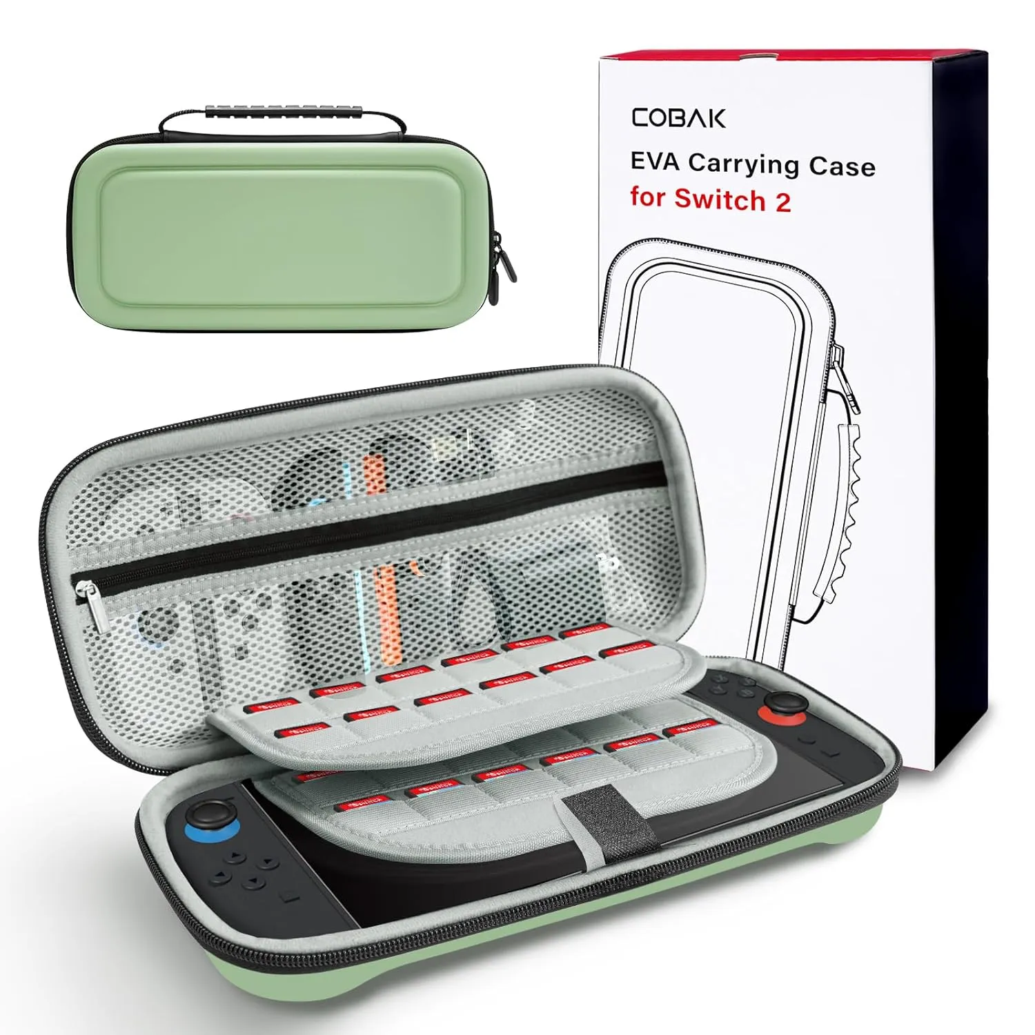 CoBak Large Capacity Carrying Case for Nintendo Switch 2 ( 2025 ) , Ultra Slim Premium EVA Travel Pouch with 24 Game Cartridges, Screen Protective Cover, Accessories Storage Bag, Matcha