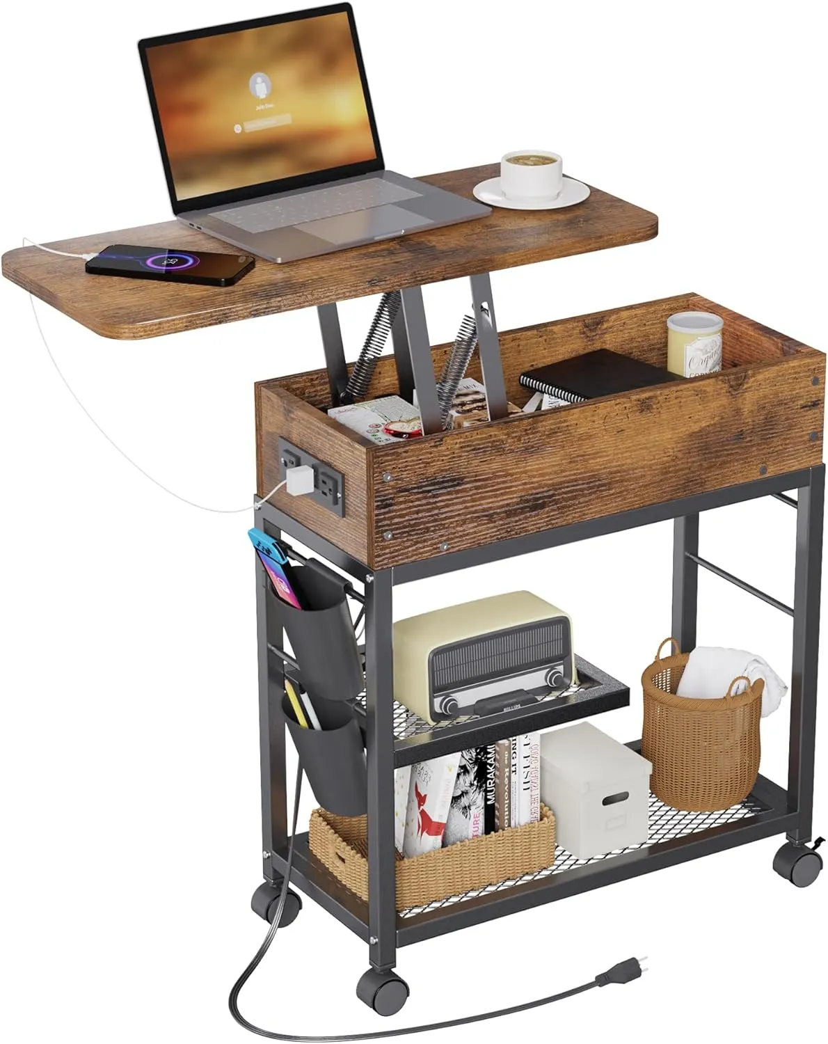 Colima Lift Top End Table with Charging Station and Wheels, Sofa Side Table with USB Port & AC Outlets, Movable Bedside Nightstand with Side Bag for Office Living Room Bedroom(Rustic Wood)