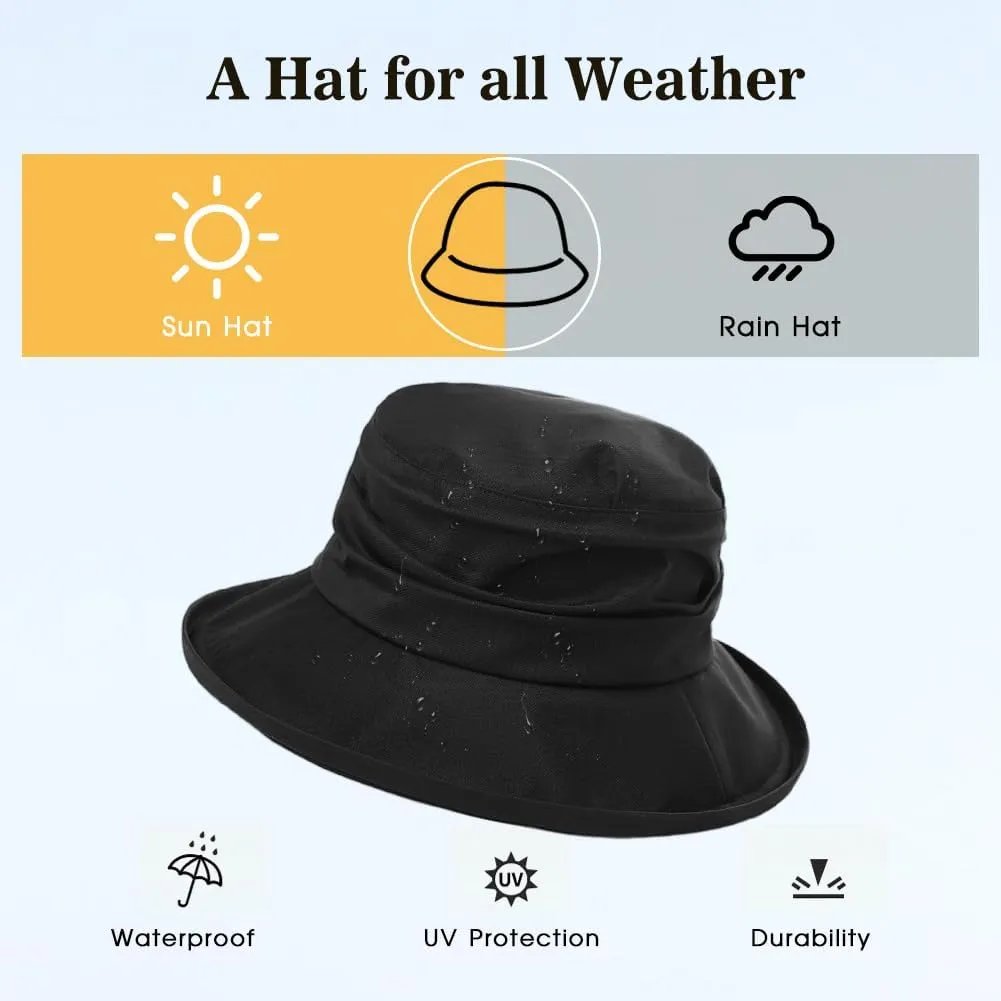 Comhats Rain Hat for Women Waterproof Wide Brim Sun Hats for Ladies UV Protection Summer Bucket Hats Beach Packable 55-62CM