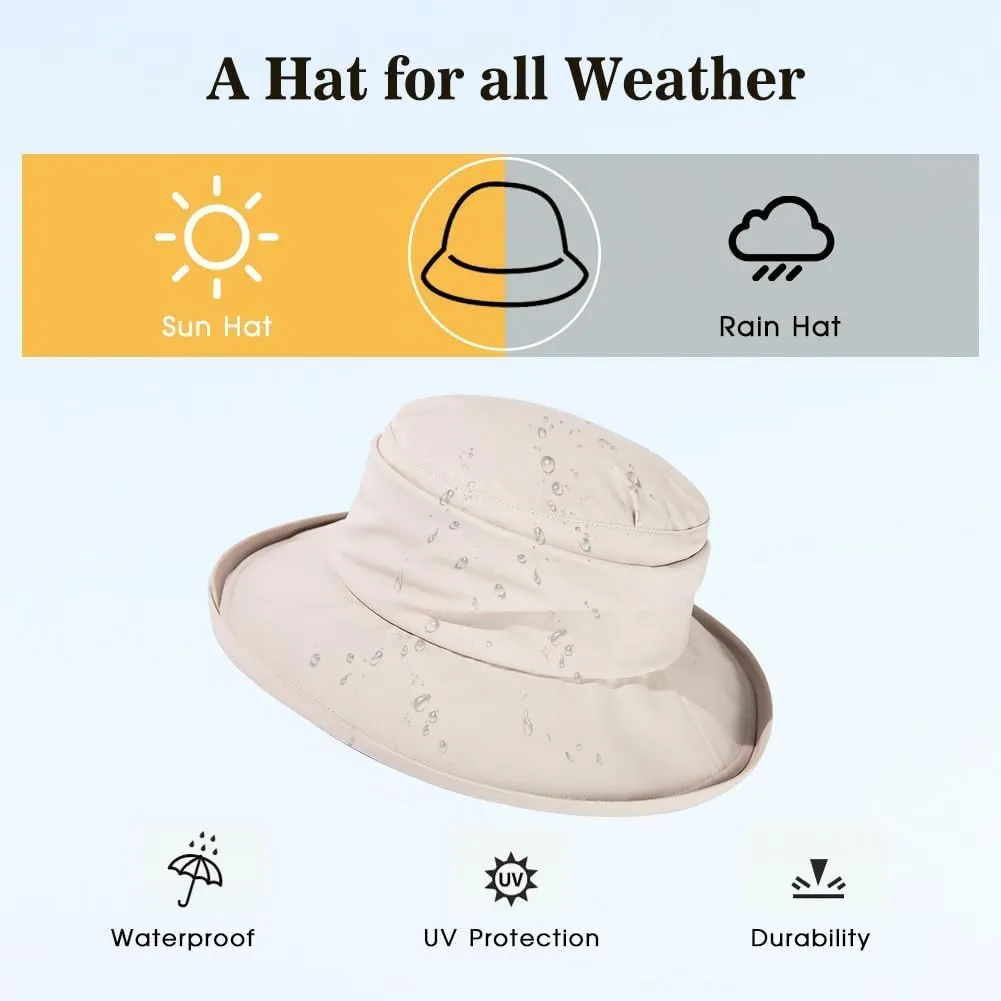 Comhats Rain Hat for Women Waterproof Wide Brim Sun Hats for Ladies UV Protection Summer Bucket Hats Beach Packable 55-62CM