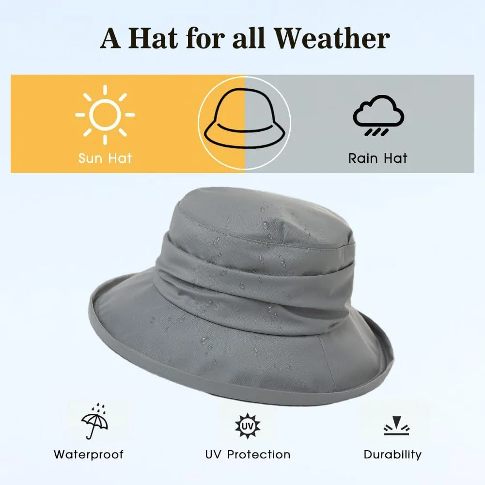 Comhats Rain Hat for Women Waterproof Wide Brim Sun Hats for Ladies UV Protection Summer Bucket Hats Beach Packable 55-62CM