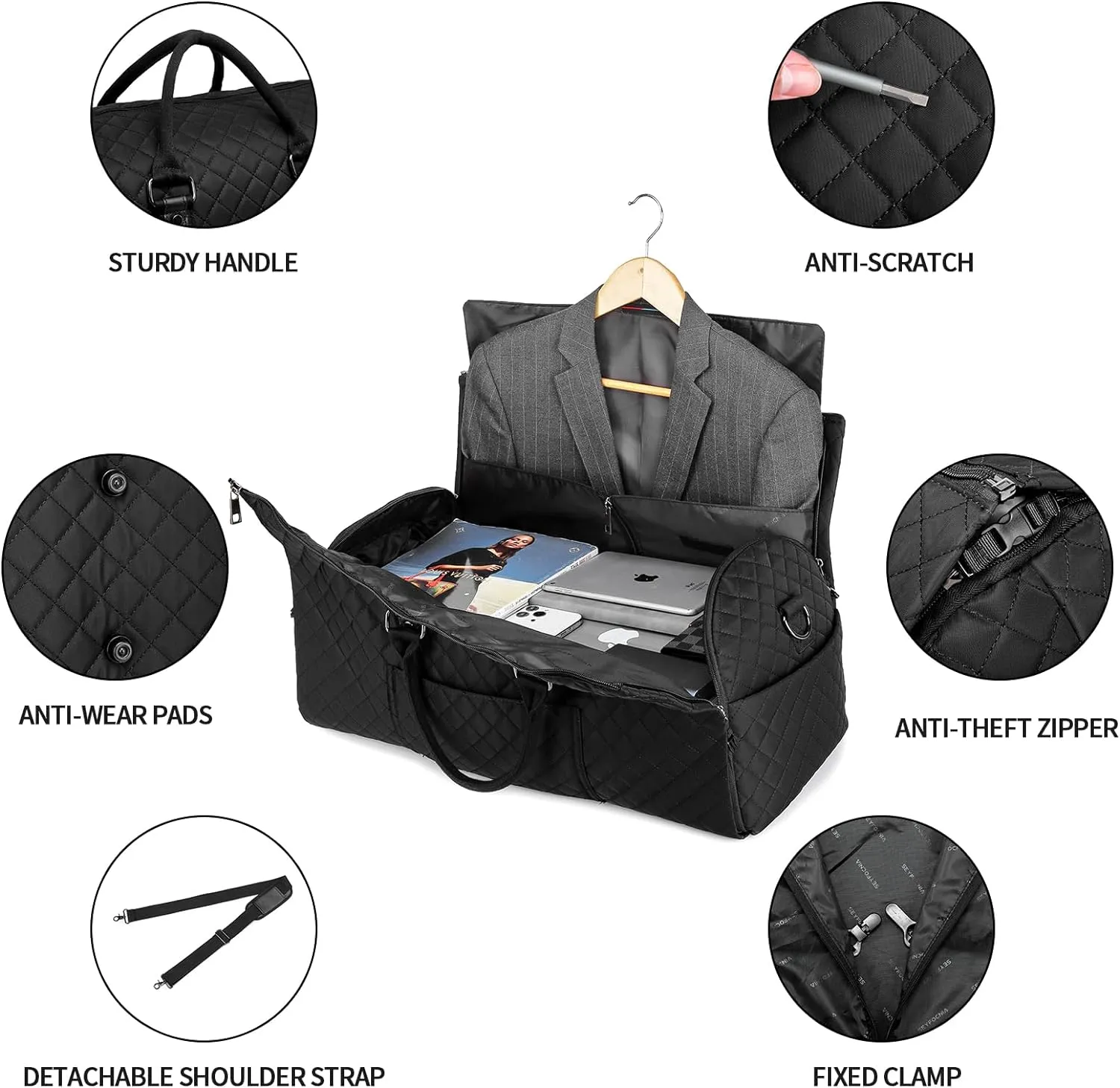 Convertible Carry on Garment Bag,Garment Duffle Bags for Hanging Clothes - 2 in 1 Hanging Suitcase Suit Travel Bags Weekend Flight Bag with Shoe Pouch for Men Women Black