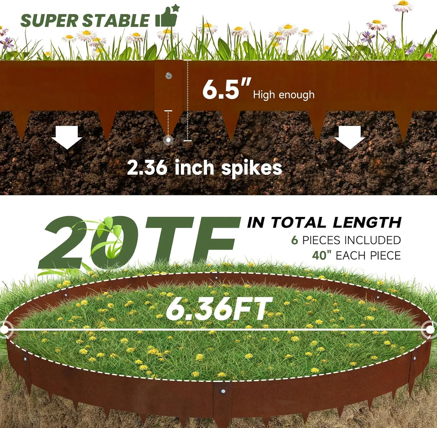 Corten Steel Landscape Edging-40 LX 6" H Metal Garden Edging 20FT Total Rusted Lawn Edging 6 Pcs-No-Dig Hammer Heavy Duty Steel Edging-Bendable Border Strips for Lawn Yard Courtyard Pathway-6 Clips