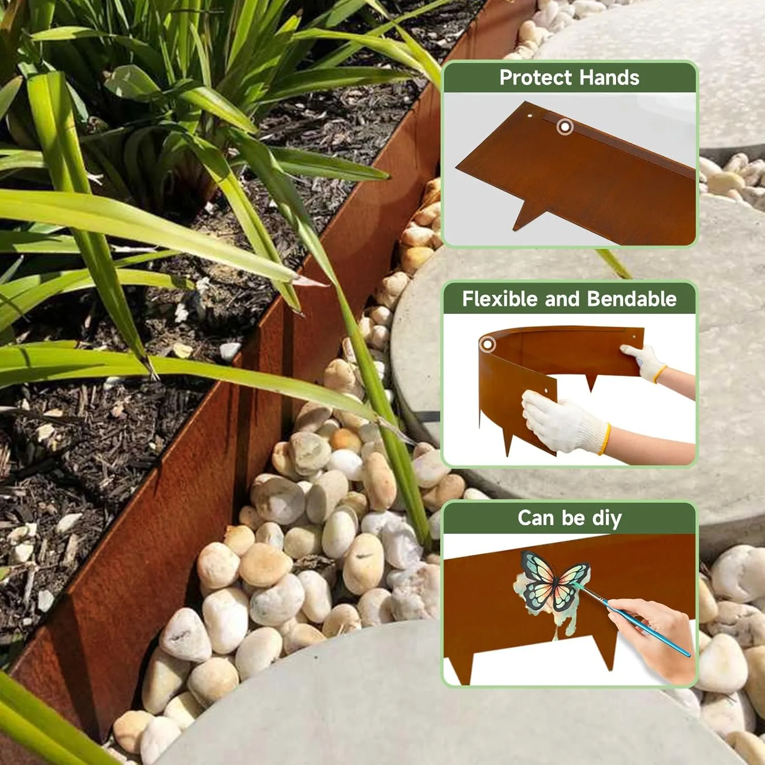 Corten Steel Landscape Edging-40 LX 6" H Metal Garden Edging 20FT Total Rusted Lawn Edging 6 Pcs-No-Dig Hammer Heavy Duty Steel Edging-Bendable Border Strips for Lawn Yard Courtyard Pathway-6 Clips