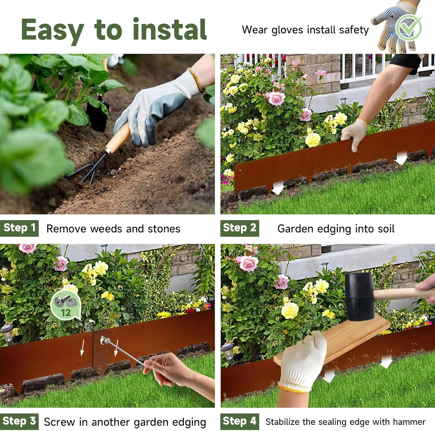Corten Steel Landscape Edging-40 LX 6" H Metal Garden Edging 20FT Total Rusted Lawn Edging 6 Pcs-No-Dig Hammer Heavy Duty Steel Edging-Bendable Border Strips for Lawn Yard Courtyard Pathway-6 Clips