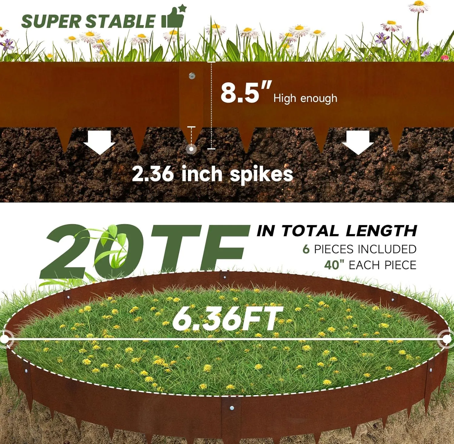 Corten Steel Landscape Edging-40 LX 8" H Metal Garden Edging 20FT Total Rusted Lawn Edging 6 Pcs-No-Dig Hammer Heavy Duty Steel Edging-Bendable Border Strips for Lawn Yard Courtyard Pathway-6 Clips