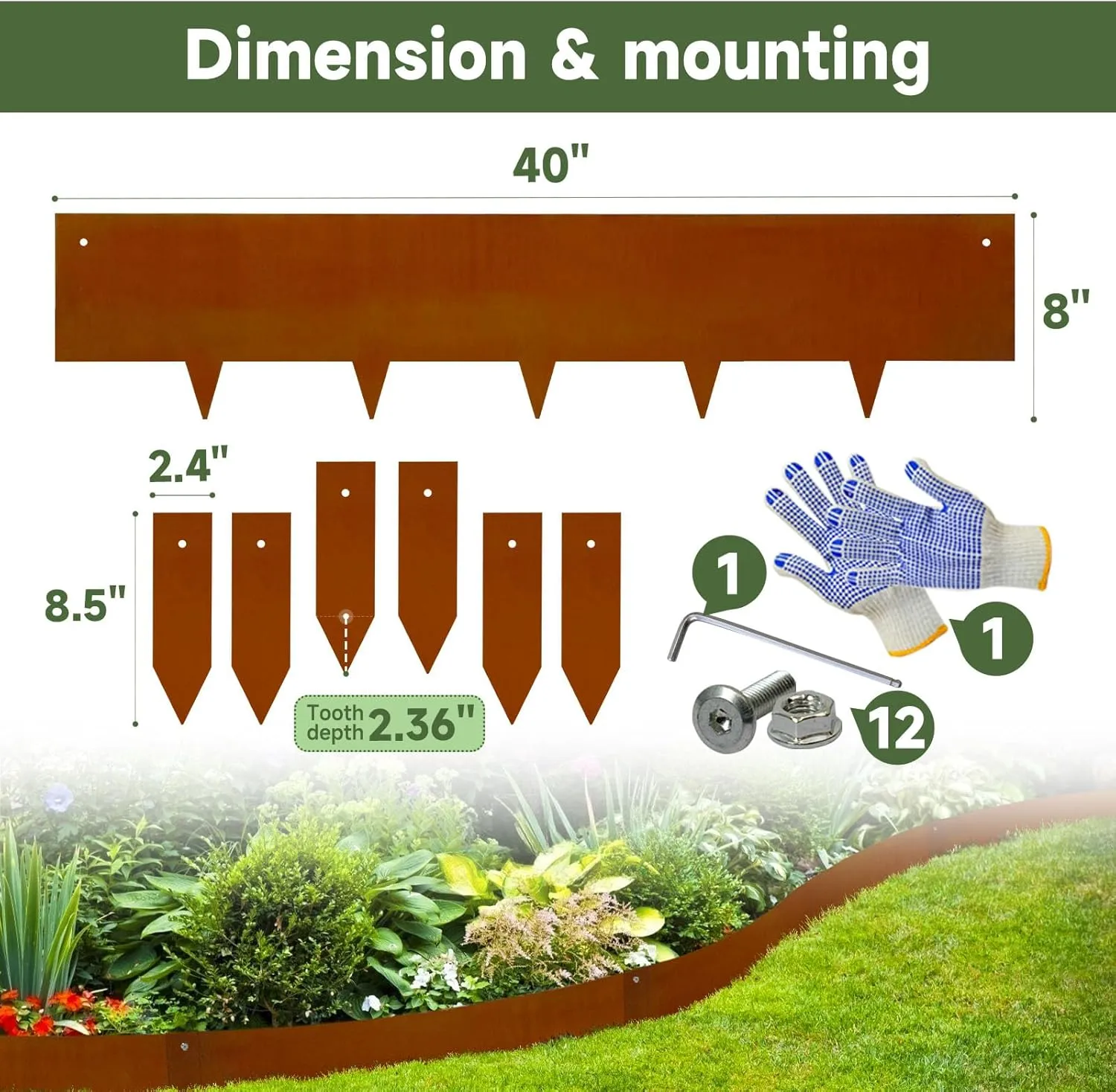 Corten Steel Landscape Edging-40 LX 8" H Metal Garden Edging 20FT Total Rusted Lawn Edging 6 Pcs-No-Dig Hammer Heavy Duty Steel Edging-Bendable Border Strips for Lawn Yard Courtyard Pathway-6 Clips