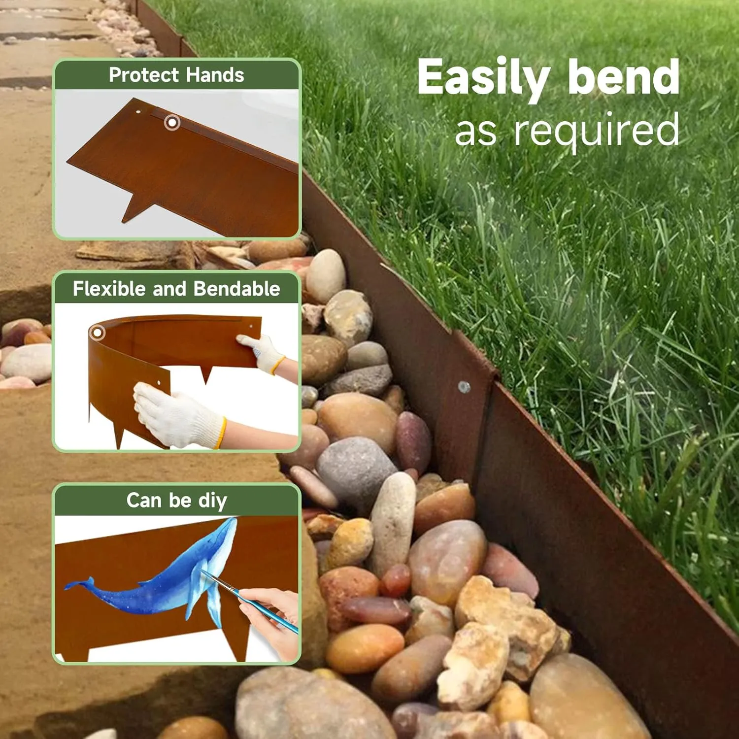 Corten Steel Landscape Edging-40 LX 8" H Metal Garden Edging 20FT Total Rusted Lawn Edging 6 Pcs-No-Dig Hammer Heavy Duty Steel Edging-Bendable Border Strips for Lawn Yard Courtyard Pathway-6 Clips