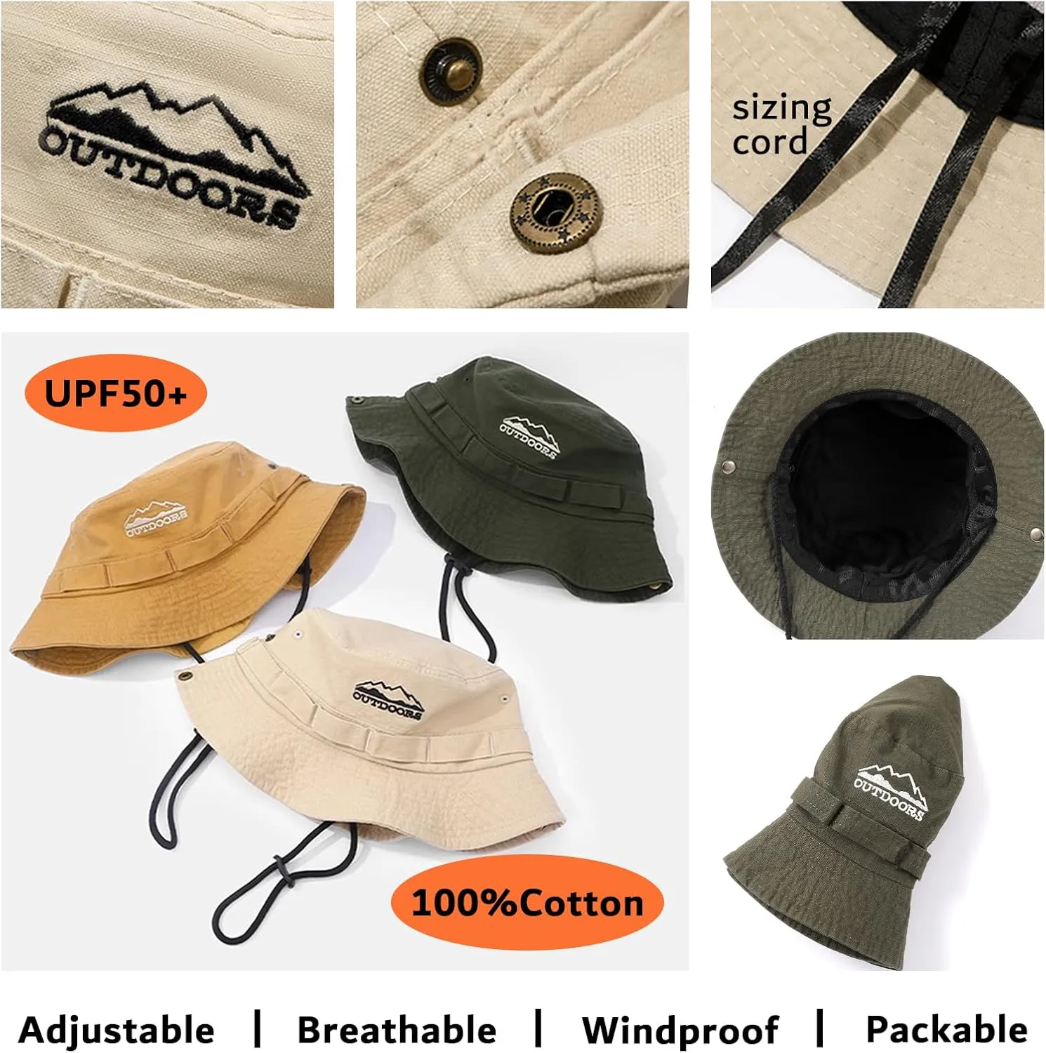 Cotton Boonie Sun Hat for Men Women, Foldable Outdoor Sun Protection Hat with Chin Strap for Fishing Hunting Hiking