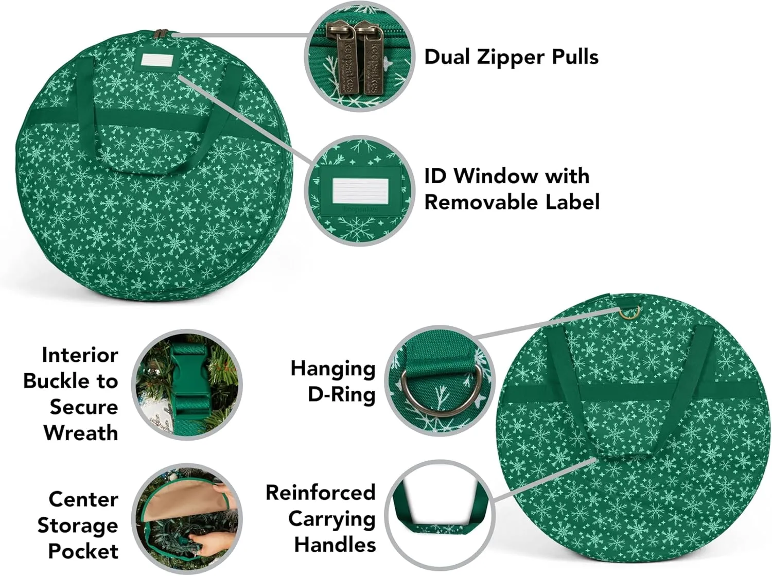 Covermates Keepsakes Christmas Wreath Storage Bag – Heavy Duty Polyester, Interior Pouch, Dual Zipper Pulls - Holiday Storage, Green Snowflake