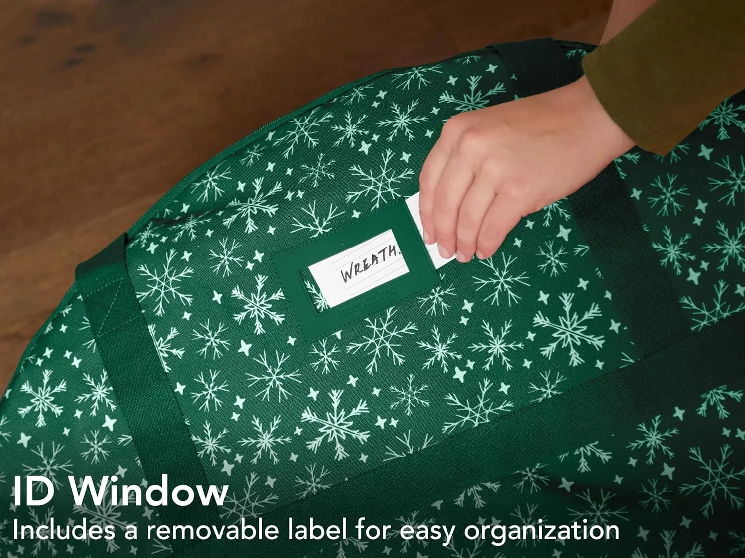 Covermates Keepsakes Christmas Wreath Storage Bag – Heavy Duty Polyester, Interior Pouch, Dual Zipper Pulls - Holiday Storage, Green Snowflake