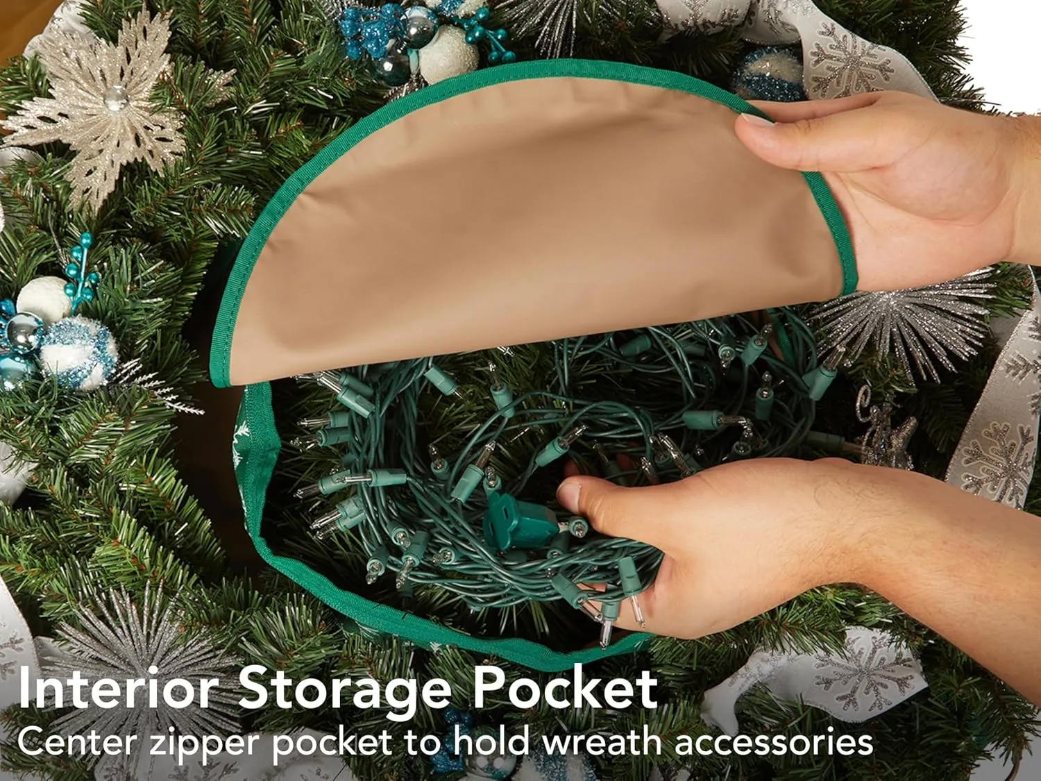 Covermates Keepsakes Christmas Wreath Storage Bag – Heavy Duty Polyester, Interior Pouch, Dual Zipper Pulls - Holiday Storage, Green Snowflake