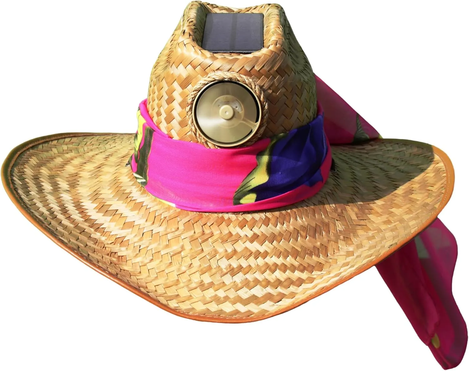 Cowgirl with Scarf Straw Hat - Solar Powered Hat Fan UV Protection - Extra Large Brown