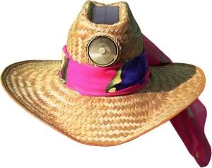 Cowgirl with Scarf Straw Hat - Solar Powered Hat Fan UV Protection - Extra Large Brown