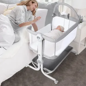 Cowiewie Baby Bassinet Bedside Sleeper with Storage Basket,Wheels and Toys, Easy Folding Portable Bassinet with Wheels Adjustable Height Portable Bassinets for Newborn