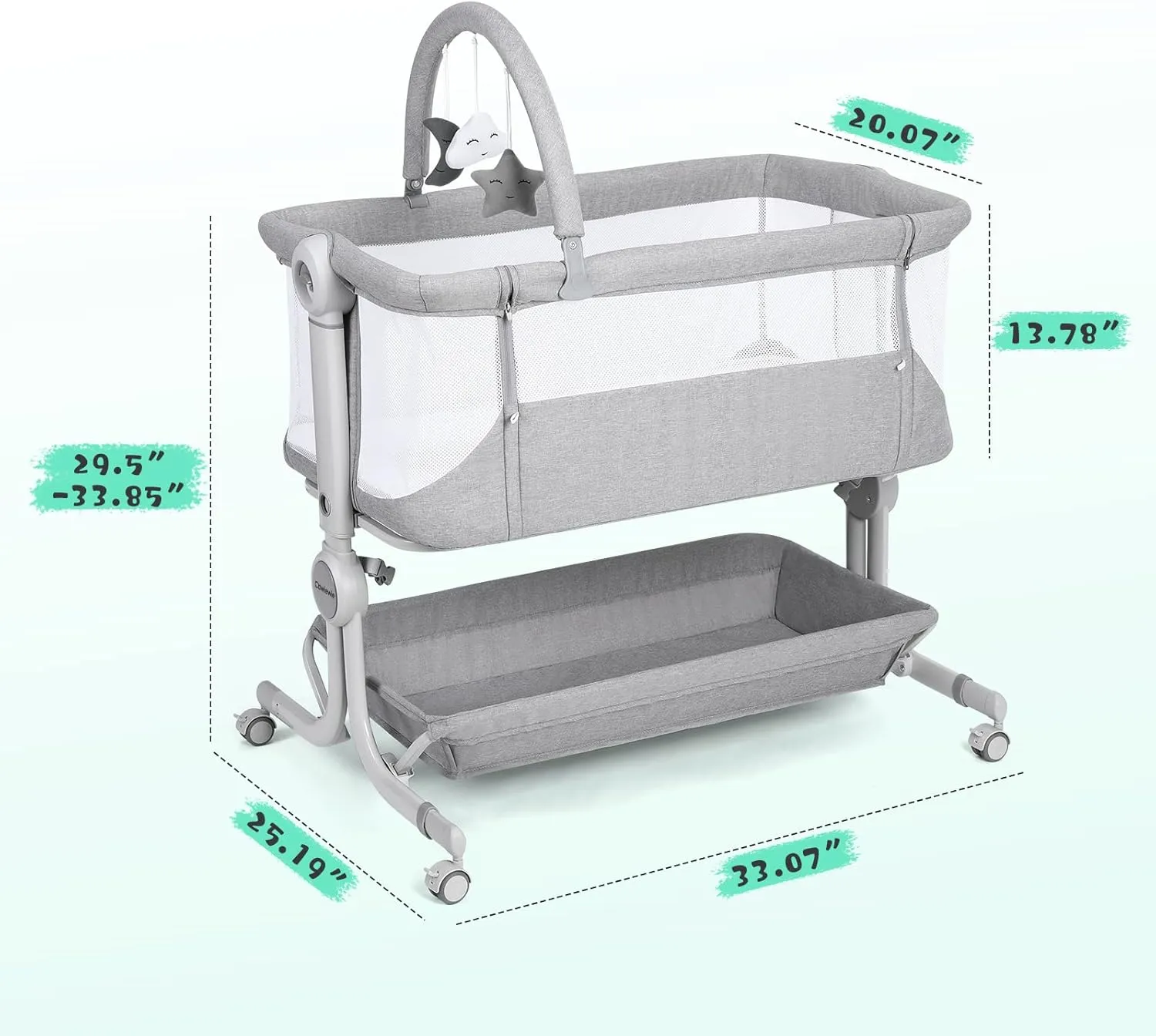 Cowiewie Baby Bassinet Bedside Sleeper with Storage Basket,Wheels and Toys, Easy Folding Portable Bassinet with Wheels Adjustable Height Portable Bassinets for Newborn