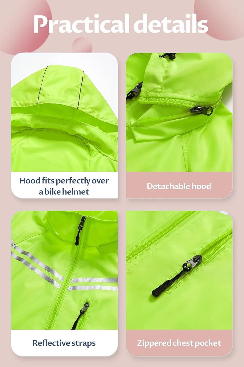 CREATMO US Women's Packable Waterproof Running Rain Coat Reflective Cycling Jacket Windbreaker With Detachable Hood