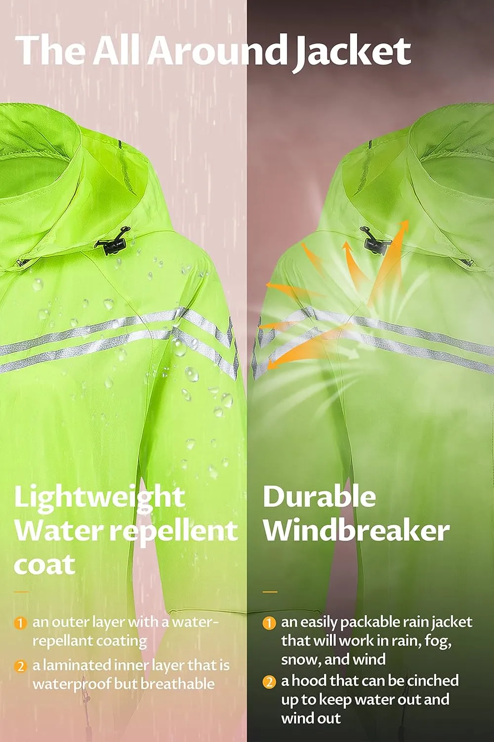 CREATMO US Women's Packable Waterproof Running Rain Coat Reflective Cycling Jacket Windbreaker With Detachable Hood