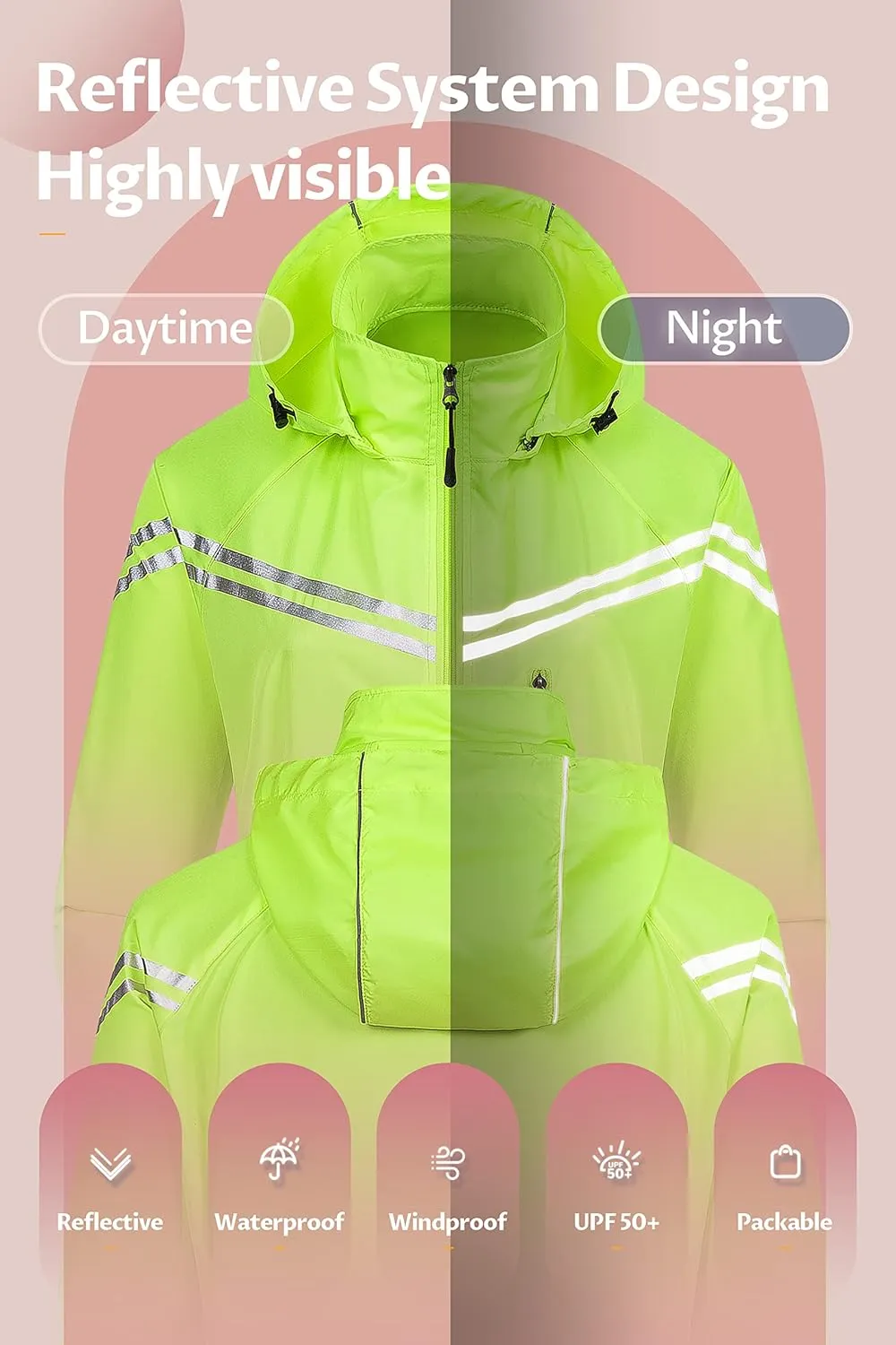 CREATMO US Women's Packable Waterproof Running Rain Coat Reflective Cycling Jacket Windbreaker With Detachable Hood