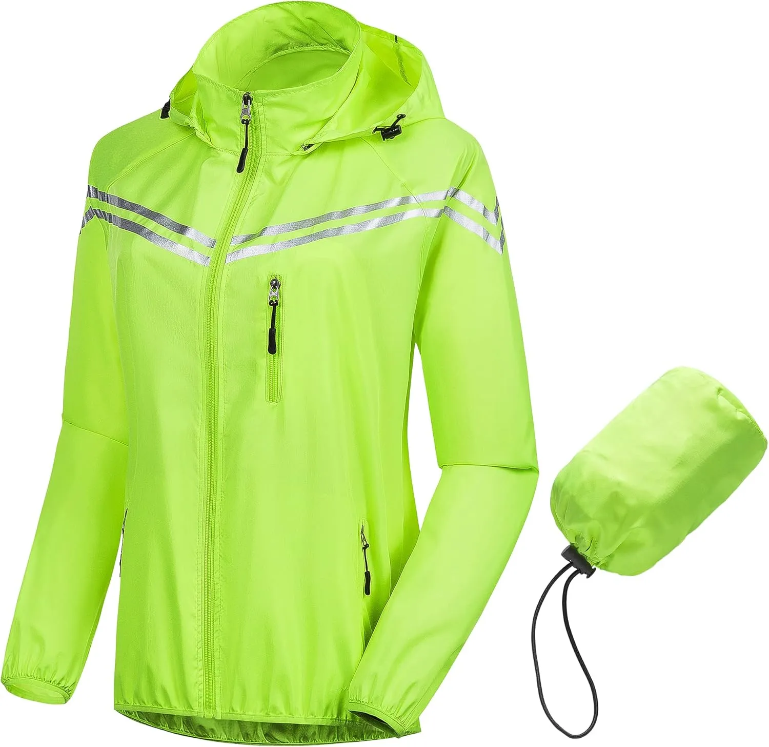 CREATMO US Women's Packable Waterproof Running Rain Coat Reflective Cycling Jacket Windbreaker With Detachable Hood
