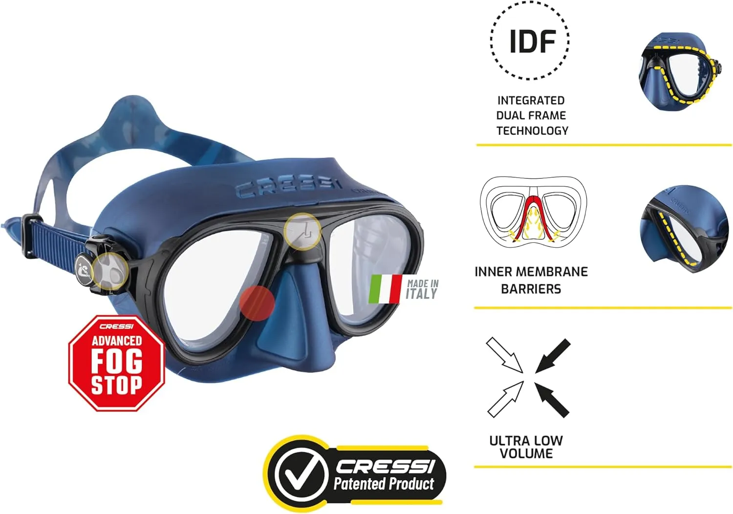 Cressi Mask And Snorkel designed from Freediving and Scuba Diving - Anti-Fog System, Low Volume Mask - Flexible, Foldable Snorkel - Calibro And Corsica: made in Italy
