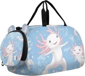 Cute and Pink Axolotls Algae Sports Duffle Bag for Teens Girls Boys, Gym Bag with Shoe Compartment, Kids Travel Overnight Weekender Shoulder Bag