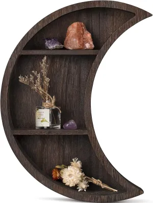 Dahey Moon Shelf Wall Mounted Moon Wall Decor Crystal Display Shelf Crescent Wooden Floating Shelves Hanging Storage for Living Room Bedroom Bathroom Kitchen Witchy Room Decor, 12" L×3" D×16" H