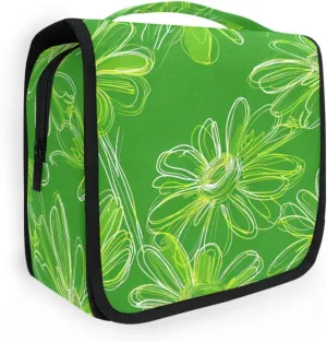 Daisy Neon Green Abstract Handdrawn Toiletry Bags with hanging hook Waterproof Makeup Bags For Women with Compartments & Handle
