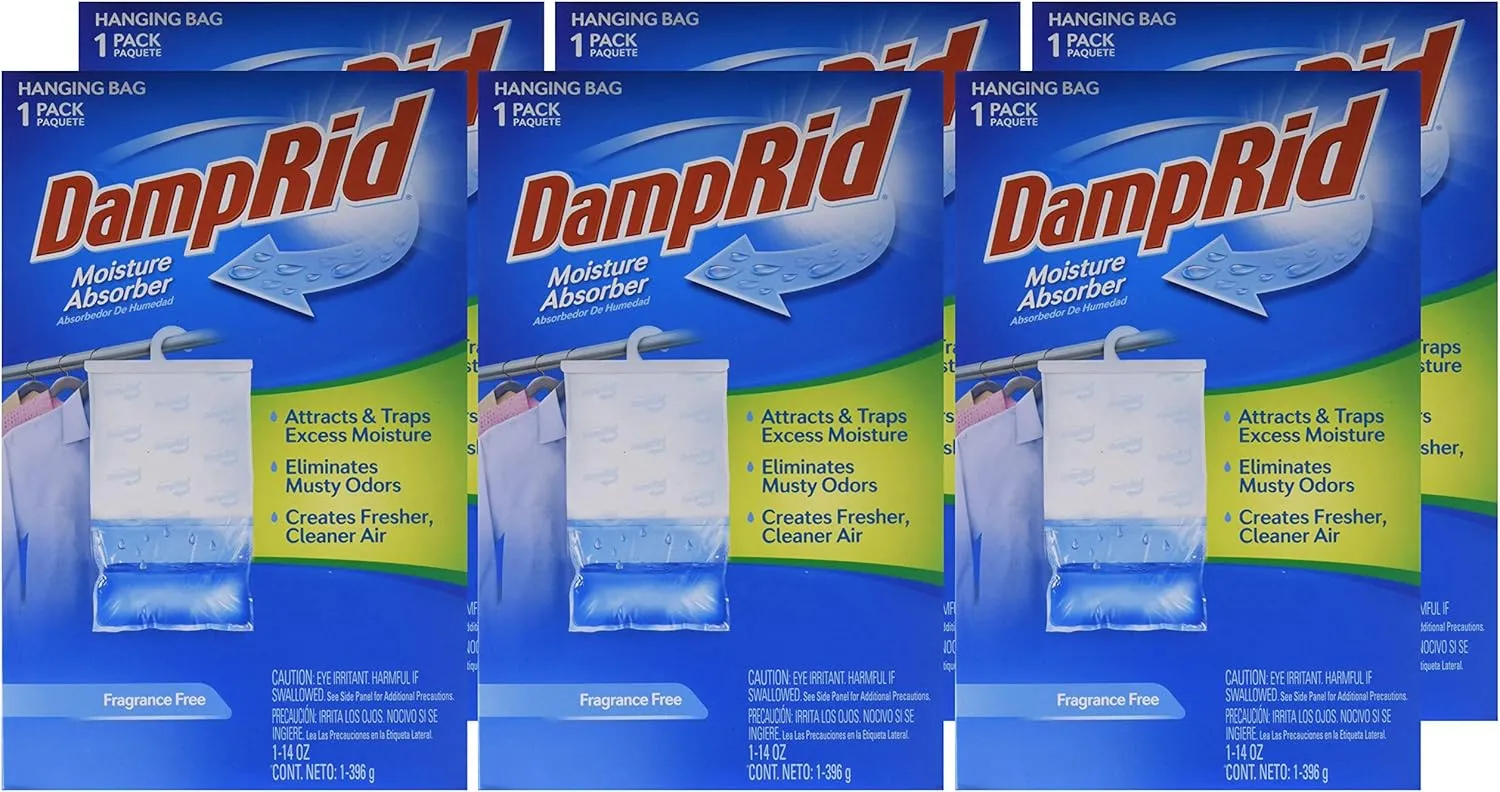 DampRid Fragrance Free Hanging Moisture Absorber, Inhibits Mold and Mildew, 14 ounce, pack of 6