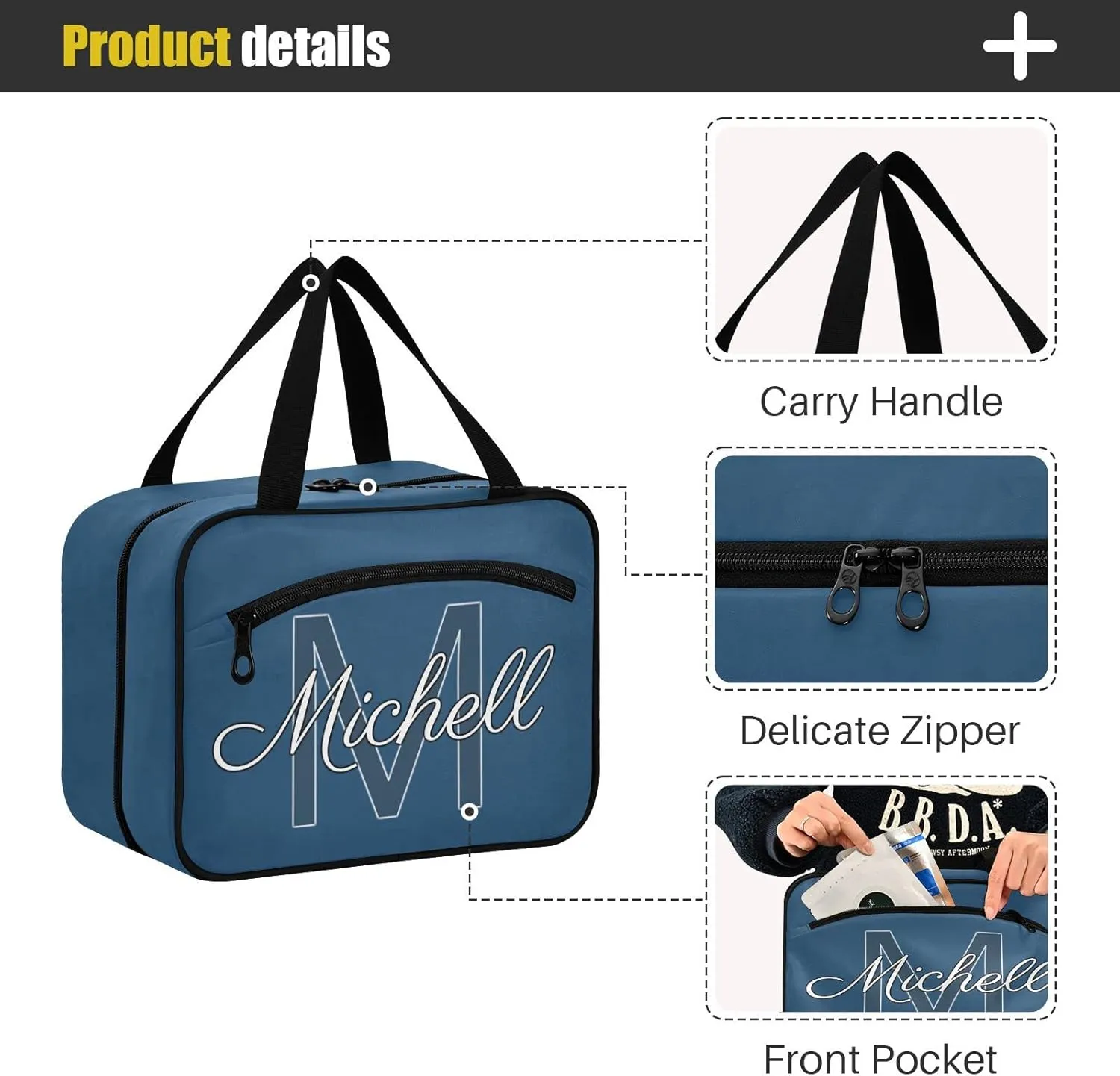 Dark Blue Personalized Hanging Travel Toiletry Bag for Women Men Custom Makeup Organizer with bottles & hanging hook Cosmetic Bag for Toiletries Bathroom Outdoors Hotel Traveling