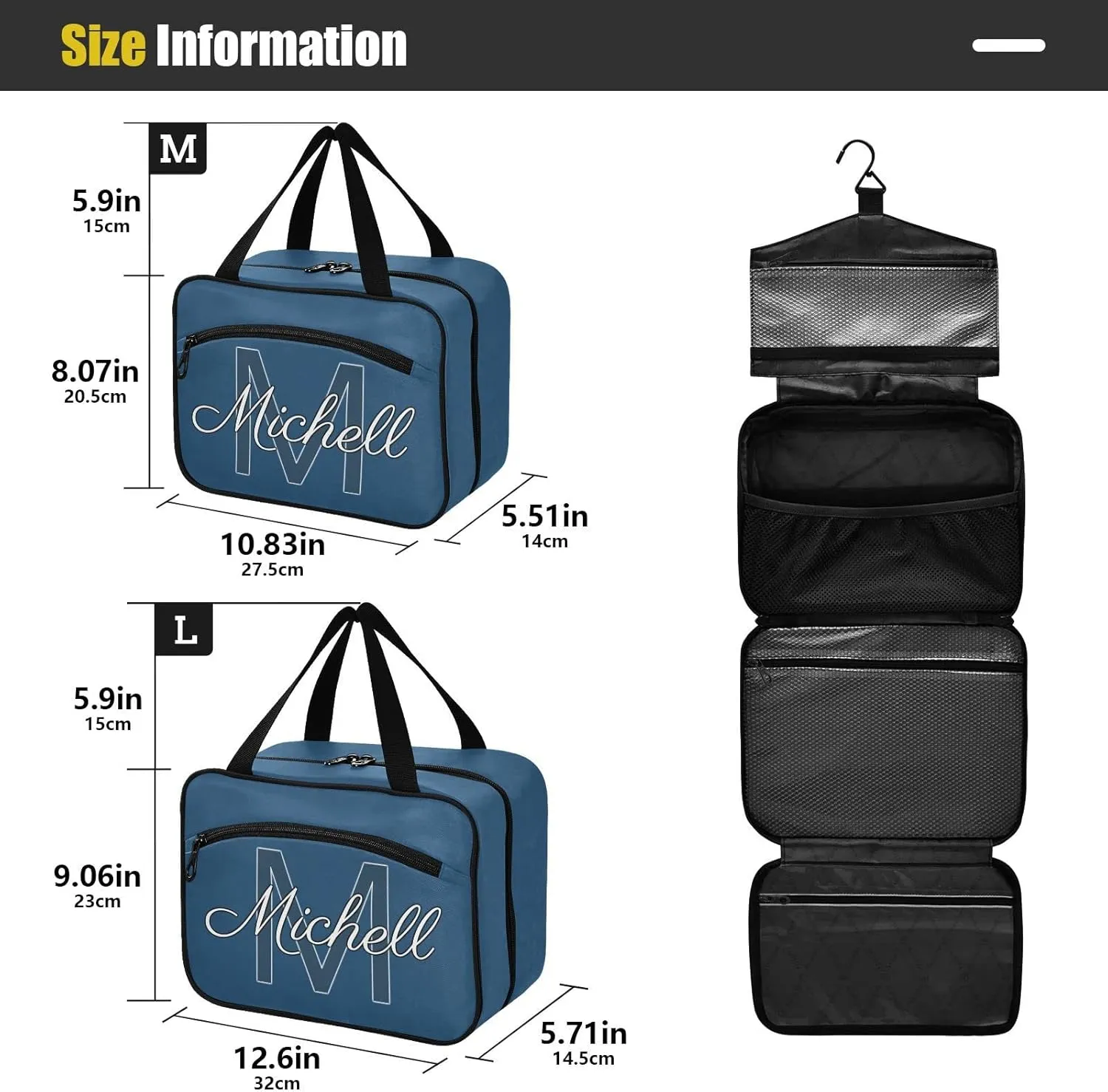 Dark Blue Personalized Hanging Travel Toiletry Bag for Women Men Custom Makeup Organizer with bottles & hanging hook Cosmetic Bag for Toiletries Bathroom Outdoors Hotel Traveling