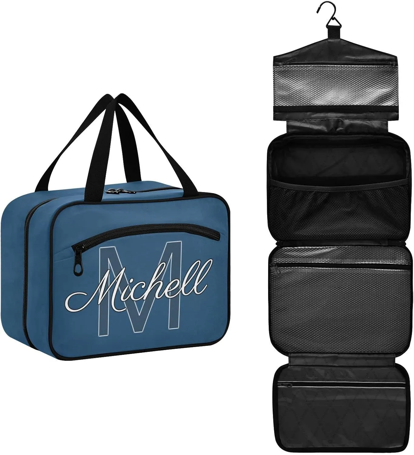 Dark Blue Personalized Hanging Travel Toiletry Bag for Women Men Custom Makeup Organizer with bottles & hanging hook Cosmetic Bag for Toiletries Bathroom Outdoors Hotel Traveling