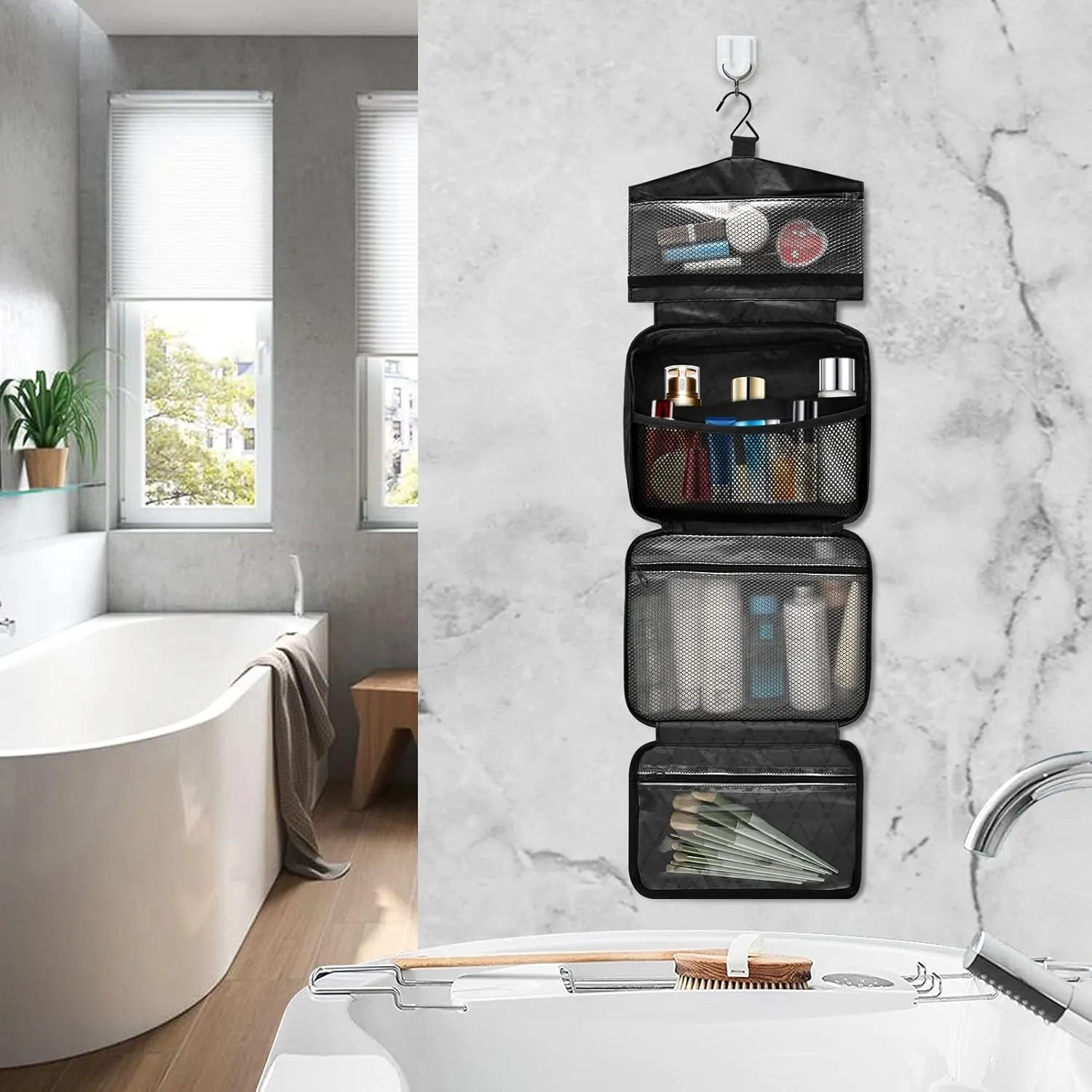 Dark Blue Personalized Hanging Travel Toiletry Bag for Women Men Custom Makeup Organizer with bottles & hanging hook Cosmetic Bag for Toiletries Bathroom Outdoors Hotel Traveling
