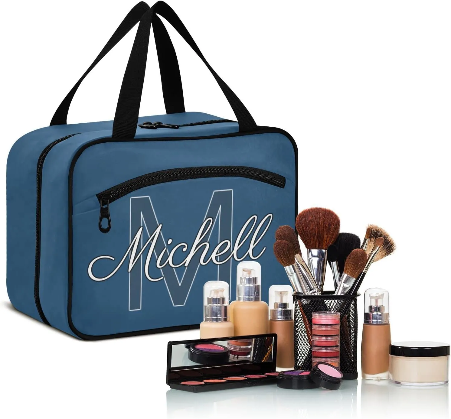 Dark Blue Personalized Hanging Travel Toiletry Bag for Women Men Custom Makeup Organizer with bottles & hanging hook Cosmetic Bag for Toiletries Bathroom Outdoors Hotel Traveling