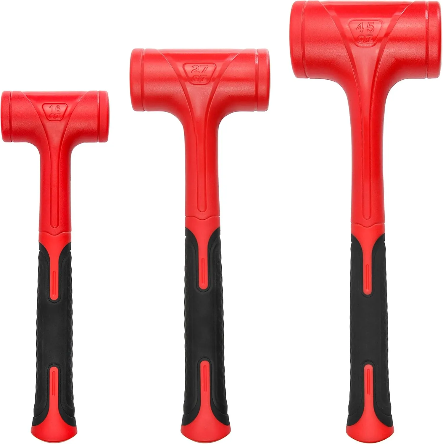 Dead Blow Hammer Set, 3 Piece/16oz(1LB),27oz(1.5LB),45oz(3LB),Red and Black, Shockproof Design, No Rebound Mallet Unibody Molded Checkered Grip Spark and Rebound Resistant (YY-3-013)